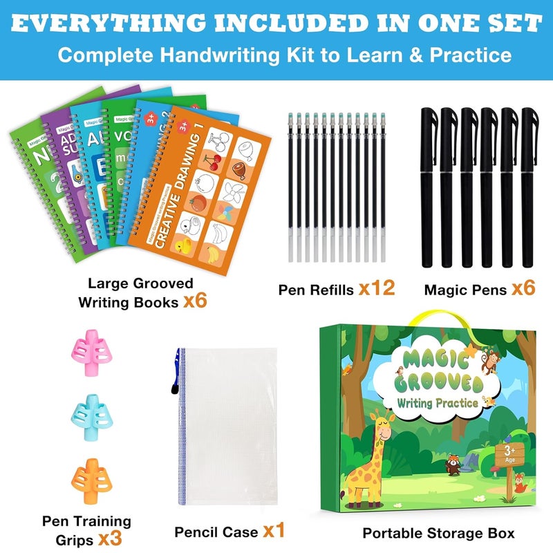 Hoarecal Magic Grooved Writing Practice Book for Kids Ages 3–8, 6 Reusable Handwriting Practice Books with 6 Pens, 12 Refills, 3 Soft Grips, Preschool Learning Activities Gifts for Boys and Girls - Image 2